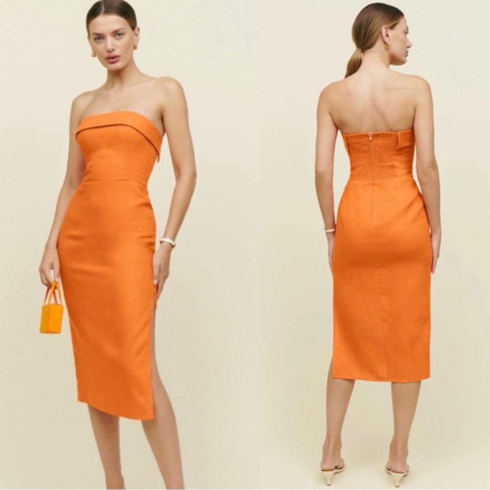 REFORMATION 100% Linen Orange Strapless Marcella Midi Dress w/ Slit 0 - Picture 11 of 15
